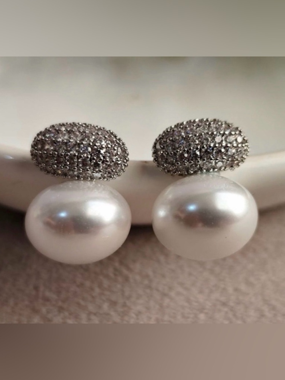 Elegant Pearl and Pave Stud Earrings - White Pearl, Silver Pave